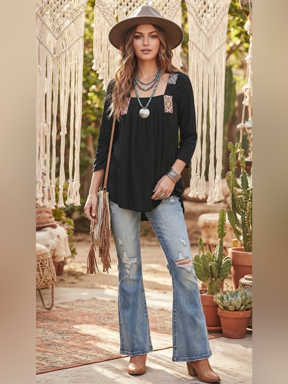 🌸Mudd  Boho Black Embroidered Square Neck 3/4 Sleeve Peasant Top Medium NWT